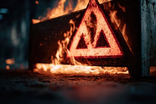 A burning warning sign, potentially symbolizing nuclear or biohazard threat, glows intensely against a dark backdrop, emphasizing danger and destruction.