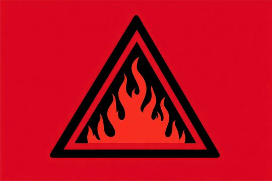 A prominent red fire hazard warning symbol features black flames within a black-bordered triangle on a vibrant red background, signifying danger and flammability.