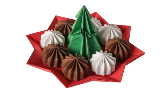 An origami Christmas tree stands central on a red star plate, surrounded by decorative white and brown folded paper sweets, against a solid transparent background. background removed