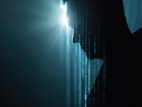 Profile silhouette with light from within, surrounded by binary code, representing digital intelligence, AI, data processing, and technological consciousness.