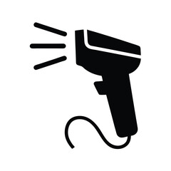 Black silhouette shows a barcode scanner with light beams and attached cord