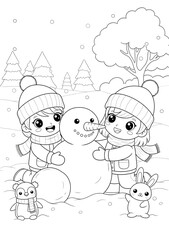 Boy and girl makes Snowman. Festive Winter card