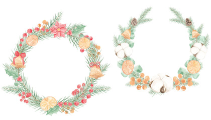 Christmas watercolor wreath. Pine needles. Christmas tree. Round wreath. Winter holidays. Merry Christmas, Happy New Year. December.