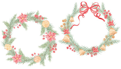 Christmas watercolor wreath. Pine needles. Christmas tree. Round wreath. Winter holidays. Merry Christmas, Happy New Year. December.