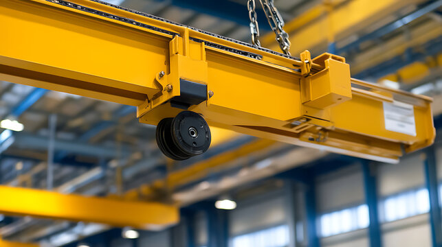 Overhead crane in a factory, with a focus on the mechanical components and construction. Industrial equipment designed for lifting heavy loads and moving materials overhead.