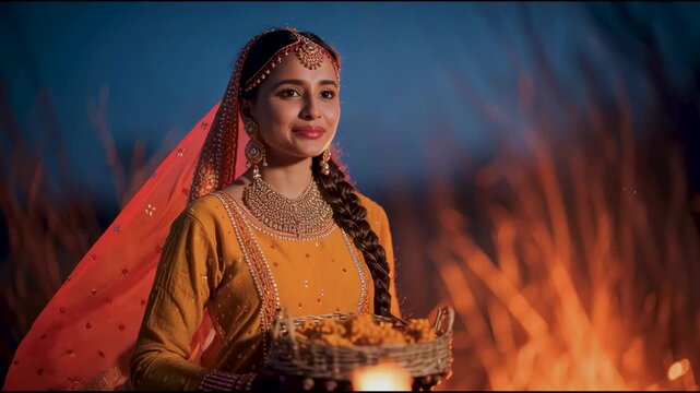 Beautiful indian woman celebrating lohri festival with bonfire