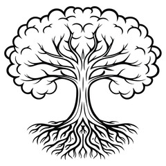 Black tree with dense roots and cloudlike leaves spreads branches symmetrically