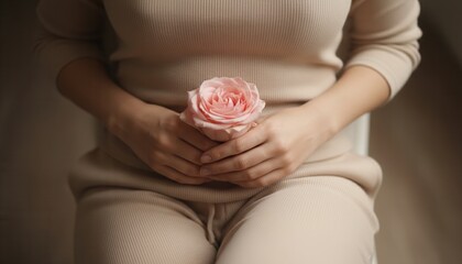 A woman in beige loungewear holds a pink rose over her abdomen. Women's health, menstruation, menopause and self-care concept