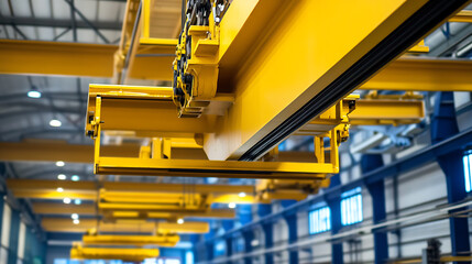 Focus on yellow cranes, which are arranged in a line. The image captures the essence of industrial might, showcasing engineering precision and efficiency of material handling.