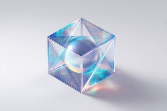 Iridescent sphere within a translucent geometric cube, refracting light and casting colorful, abstract shadows on a clean white surface.