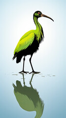 Obraz premium A stylized ibis with bright green plumage stands in water with a clear reflection.