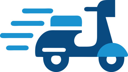 Blue motor scooter swiftly moves rightward displaying motion, speed, and simple form