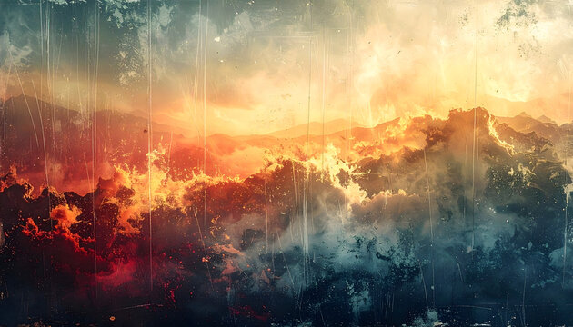 Epic and majestic heavenly cloudscape with dramatic sunset light and atmospheric rain