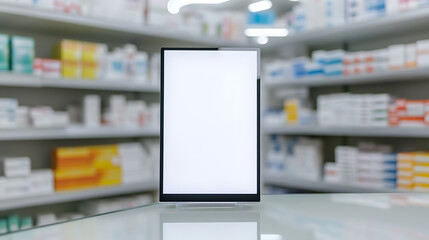 Blank digital display in a pharmacy setting. The screen is isolated with a clean, white space for content, ideal for healthcare promotions or pharmaceutical ads.