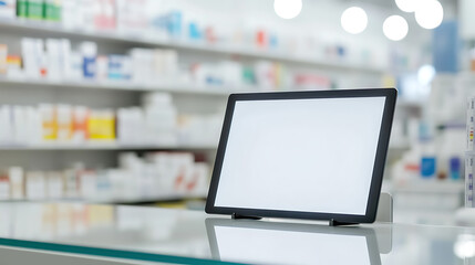 A tablet sits on a pharmacy counter, with shelves of medications in the background. The blank screen is ready for information or branding, enhancing the customer's experience at the pharmacy.