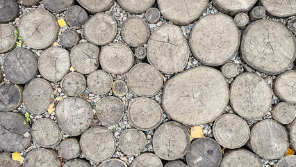 Top-down view of a rustic log slice path texture with circular wood grain patterns and small gravel