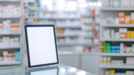 Blank tablet display on a pharmacy counter with blurred shelves in the background, providing a space for product information or promotions at point of sale.