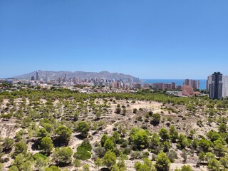 Obraz premium urban scenery blending nature and buildings, city edge featuring green spaces near skyscrapers