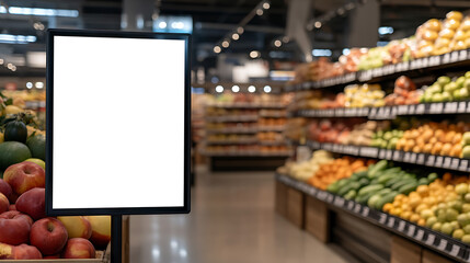 Blank sign display stands amidst colorful produce at grocery store, an advertisement opportunity for weekly specials or promotions. Shopping never felt so convenient.