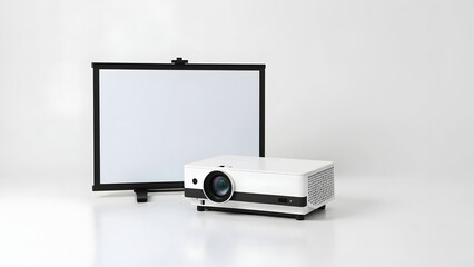 Modern white video projector with portable screen for business presentations and home entertainment setup