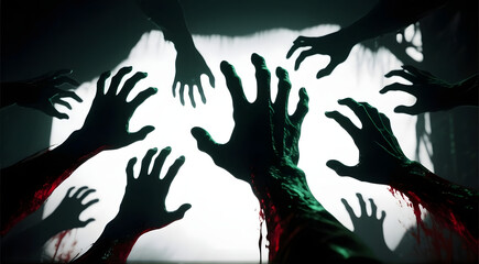 Zombie Hands Reaching Out in Shadow, Creepy and Terrifying Horror Concept