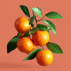 Fresh, ripe oranges with bright green leaves on a branch, presented against a warm, monochromatic background.