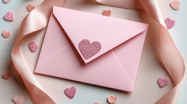 Minimal flat lay featuring a pink envelope adorned with a heart, surrounded by heart confetti and soft ribbon, perfect for Valentine's Day celebrations and romantic gestures
