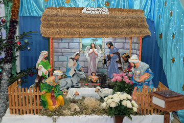 Traditional Christmas nativity scene represented with porcelain figurines