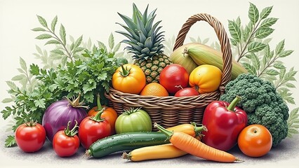 A basket full of fresh fruits and vegetables on a table