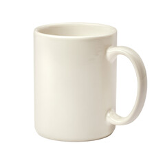 A simple, clean white ceramic coffee mug with a handle, presented on a solid dark transparent background, ideal for customization. background removed