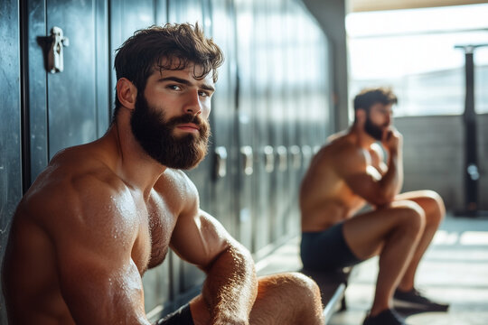 Very attractive bearded man in the changing room 