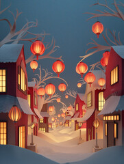 red and gold lanterns hanging above snowy village street