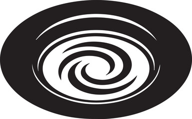 Black and white circular vortex graphic with swirling lines and curved shapes abstract circle