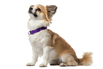 A small, long-haired tan and white dog with a purple collar sits alertly, looking upwards. It's an adorable pet portrait. background removed