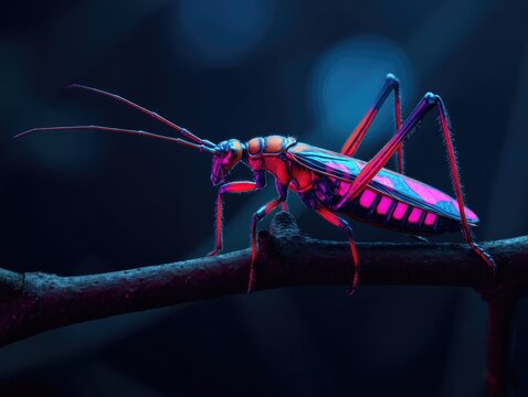 A stunning, neon-colored insect, likely a grasshopper, glows with vibrant pink, blue, and orange hues on a dark branch.