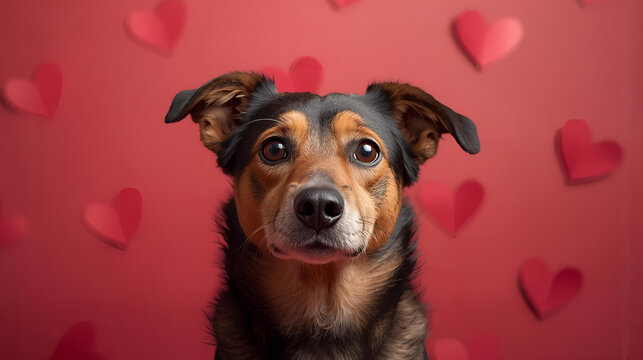 a dog surrounded by red hearts on red background for valentines day AI