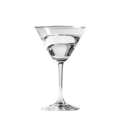 A classic martini glass, filled with clear liquid, stands elegantly centered against a vibrant solid transparent background, ready for a refreshing drink. background removed