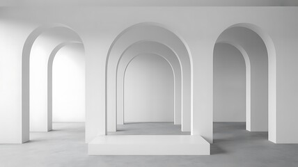Fototapeta premium White arched hallway with concrete floor and display podium interior architecture