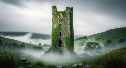 Ancient stone ruin tower covered in ivy in a misty green landscape. Historic medieval castle in the foggy hills of Ireland. Moody fantasy scenery and travel landmark