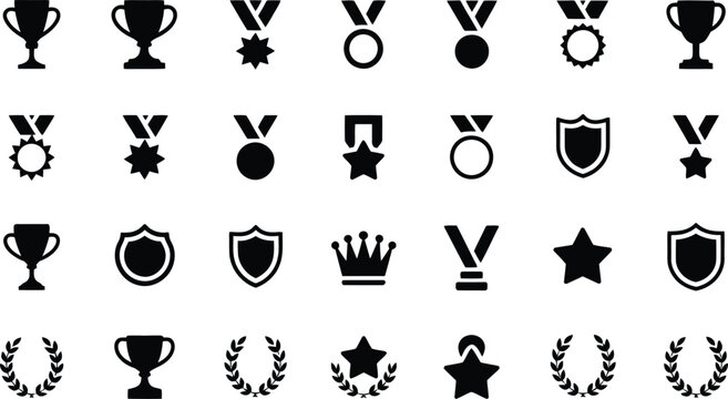 Collection of diverse award and recognition icons including trophies medals shields stars crowns and laurel wreaths symbolizing achievement victory and success in a clean silhouette style