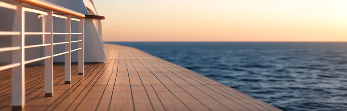 Scenic view from a ship deck with wooden planks & railing. The tranquil ocean stretches to the horizon under a gradient sky. Perfect for relaxation and contemplation. - Powered by Adobe