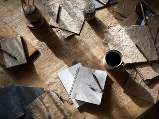 An atmospheric overhead view of a rustic wooden desk with scattered papers, pens, notebooks, coffee, and a plant, bathed in sunlight.