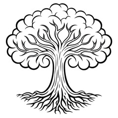 Intricate black outline showcases the majestic tree with its expansive roots and full canopy