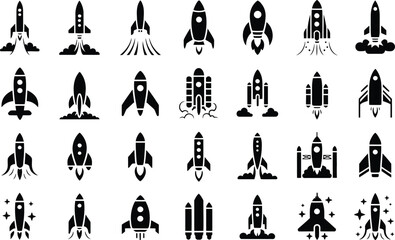 Collection of diverse black silhouette rocket ship icons representing space exploration and futuristic travel in a grid layout