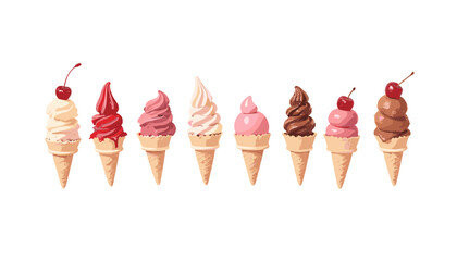 Ice cream stand festival with various flavors displayed in cones on a transparent background