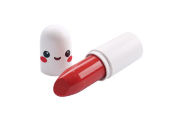 Close-up of a vibrant red lipstick in a white case, featuring a detached cap with an adorable smiling face. background removed