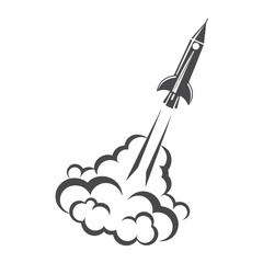 Isolated Rocket Launch with Smoke Trail, on White Background