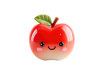 A cheerful, glossy 3D rendered red apple with a cute kawaii face, pink blush, a green leaf, and a brown stem, radiating happiness. background removed