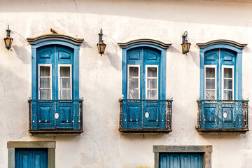 Facade of a historic house in colonial style in the city of Mariana, Minas Gerais.