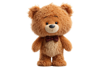 A charming, fluffy brown teddy bear with a dark brown bow tie stands upright, looking adorable and ready for a hug. background removed